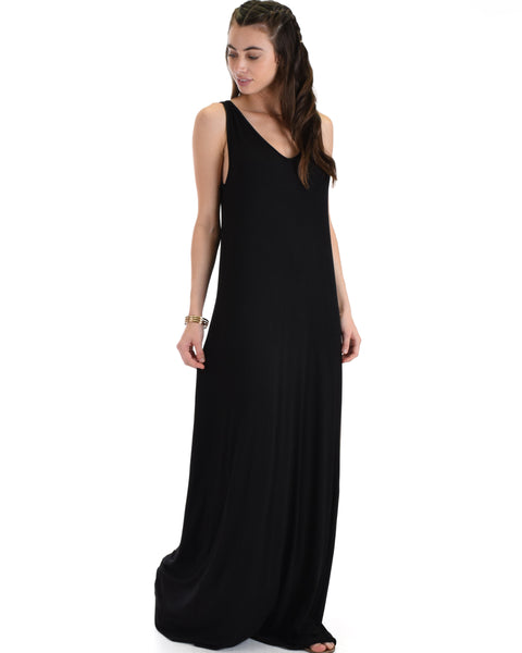 Lyss Loo Lost In Paradise Sleeveless Deep V-Neck Black Shift Maxi Dress