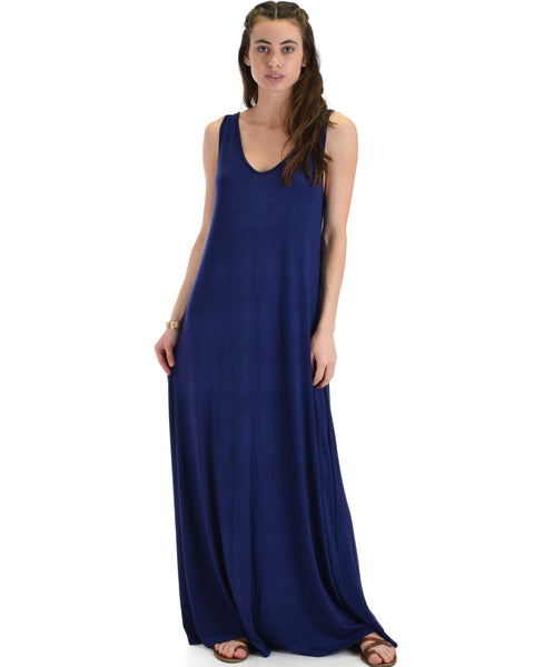 Lyss Loo Lost In Paradise Sleeveless Deep V-Neck Navy Shift Maxi Dress