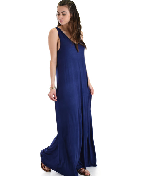 Lyss Loo Lost In Paradise Sleeveless Deep V-Neck Navy Shift Maxi Dress