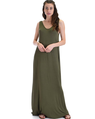 Lyss Loo Lost In Paradise Sleeveless Deep V-Neck Olive Shift Maxi Dress