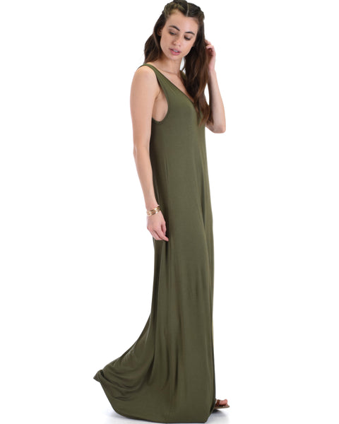 Lyss Loo Lost In Paradise Sleeveless Deep V-Neck Olive Shift Maxi Dress