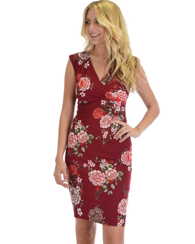 Lyss Loo Steal A Kiss Burgundy Floral V-neck Bodycon Midi Dress