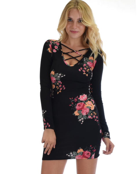 Heart's Content Long Sleeve Cross Straps Black Floral Print Bodycon Dress