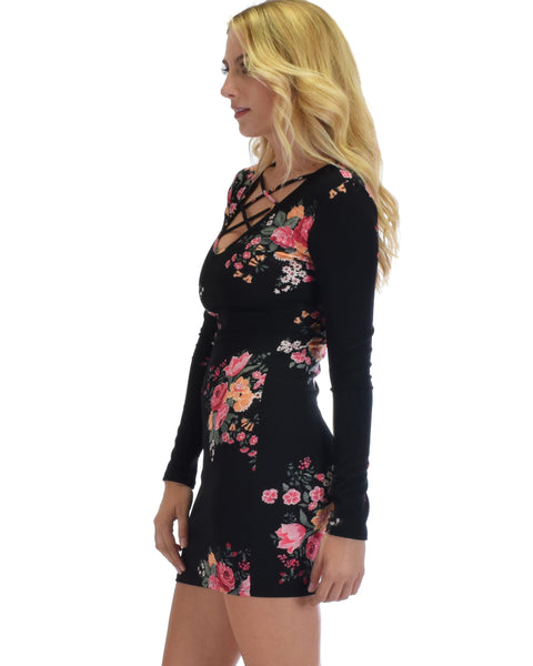 Heart's Content Long Sleeve Cross Straps Black Floral Print Bodycon Dress