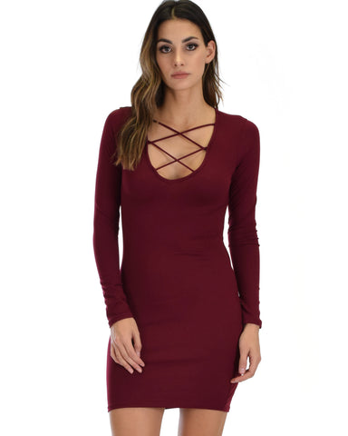 Heart's Content Long Sleeve Cross Straps Burgundy Bodycon Dress