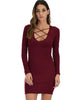 Heart's Content Long Sleeve Cross Straps Burgundy Bodycon Dress - Lyss Loo