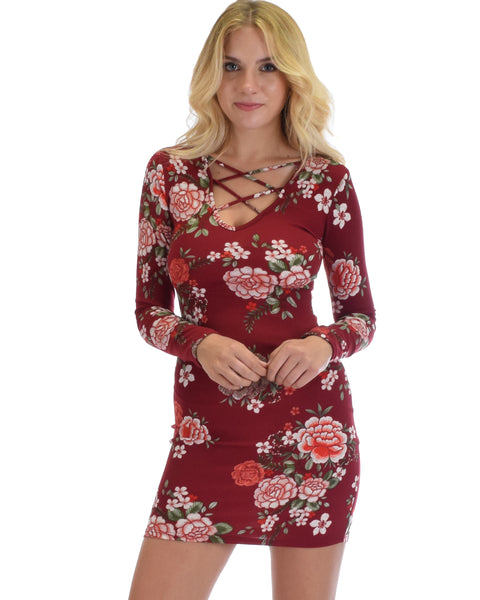 Heart's Content Long Sleeve Cross Straps Burgundy Floral Print Bodycon Dress