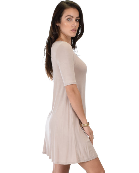 Reporting For Cutie 3/4 Sleeve Taupe T-Shirt Tunic Dress