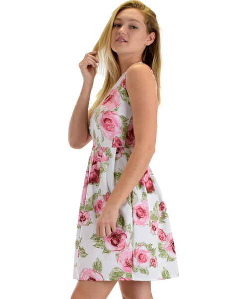 I’m Smitten Pink Floral Print Skater Dress with Pockets