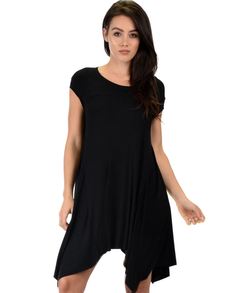 Raw Edge Draped Black T-Shirt Dress