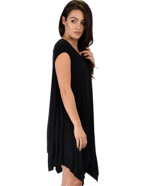 Raw Edge Draped Black T-Shirt Dress