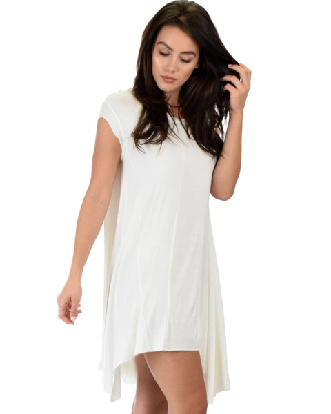 Raw Edge Draped Ivory T-Shirt Dress