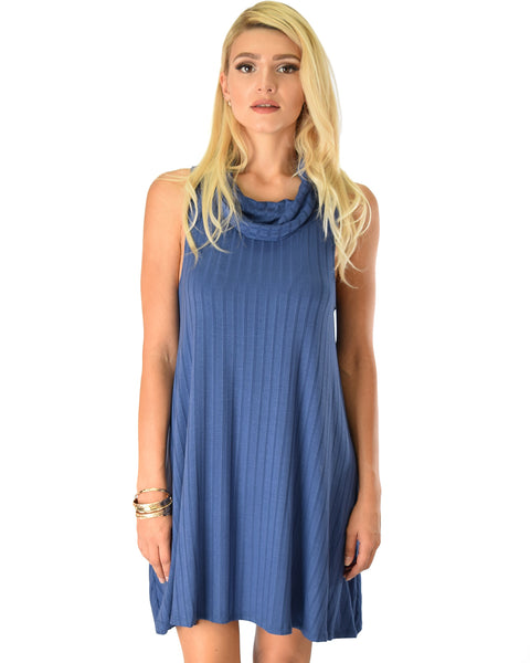 Groove Thing Ribbed Cowl Neck Blue Shift Dress