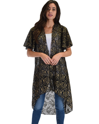 Lyss Loo Women's Simple Pleasure Black Gold Lace Kimono Cardigan