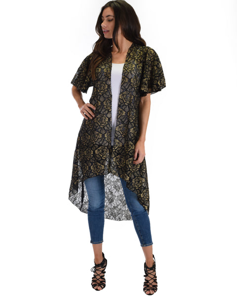 Lyss Loo Women's Simple Pleasure Black Gold Lace Kimono Cardigan