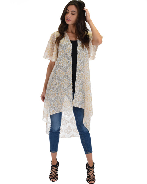 Lyss Loo Women's Simple Pleasure White Gold Lace Kimono Cardigan