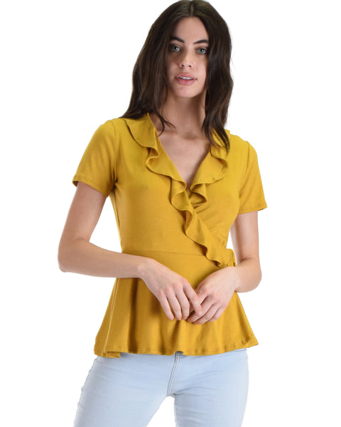 Lyss Loo Mustard Up For Anything Wrap Blouse Top