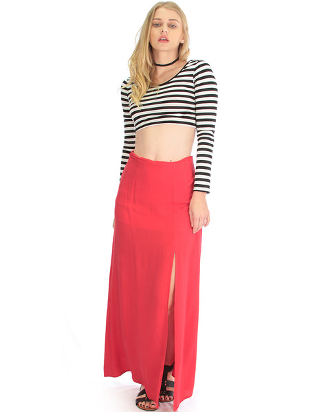 Seaside Red Maxi Skirt With Side Slit