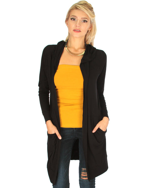 Long-Line Hooded Black Cardigan With Pockets