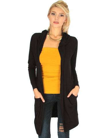 Long-Line Hooded Black Cardigan With Pockets