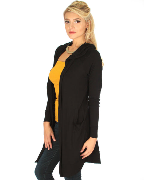 Long-Line Hooded Black Cardigan With Pockets