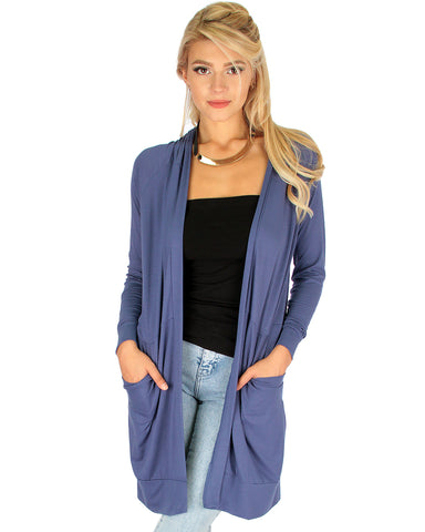 Long-Line Hooded Blue Cardigan With Pockets