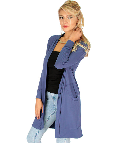 Long-Line Hooded Blue Cardigan With Pockets