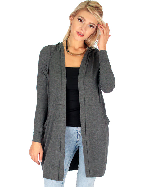 Long-Line Hooded Charcoal Cardigan With Pockets