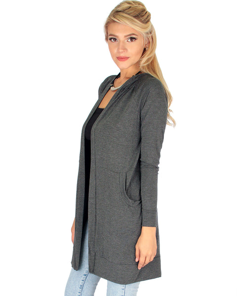 Long-Line Hooded Charcoal Cardigan With Pockets