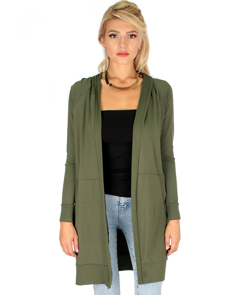 Long-Line Hooded Olive Cardigan With Pockets