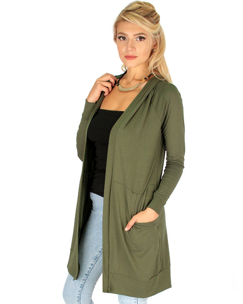 Long-Line Hooded Olive Cardigan With Pockets