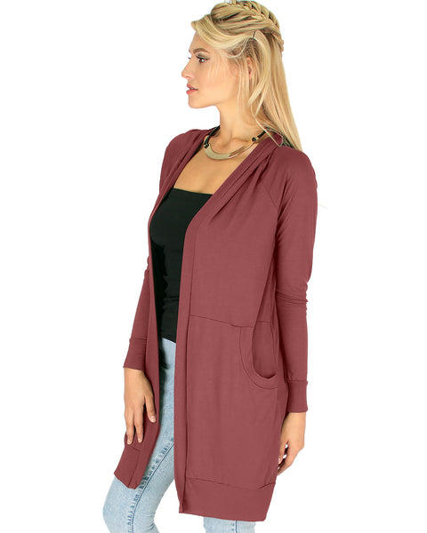 Long-Line Hooded Marsala Cardigan With Pockets