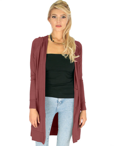 Long-Line Hooded Marsala Cardigan With Pockets