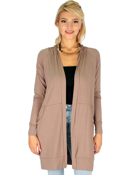 Long-Line Hooded Taupe Cardigan With Pockets