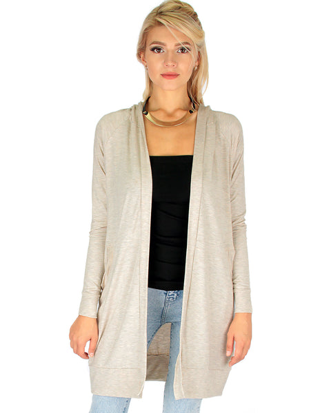 Long-Line Hooded Ivory Cardigan With Pockets