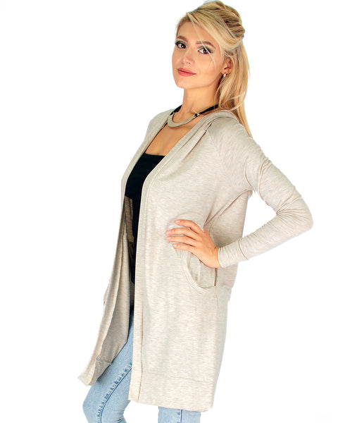 Long-Line Hooded Ivory Cardigan With Pockets