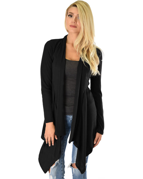 Body Slimming Draped Ribbed Black Cardigan