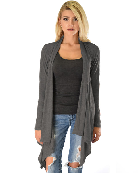 Body Slimming Draped Ribbed Charcoal Cardigan