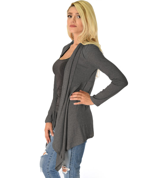 Body Slimming Draped Ribbed Charcoal Cardigan