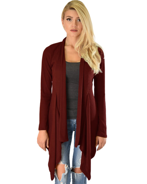 Body Slimming Draped Ribbed Burgundy Cardigan