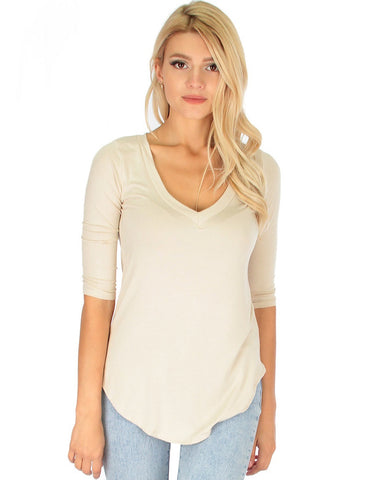 Truly Madly Deep-V Neck 3/4 Sleeve Ivory Tunic Top