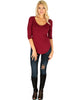 Truly Madly Deep-V Neck 3/4 Sleeve Burgundy Tunic Top - Full Image