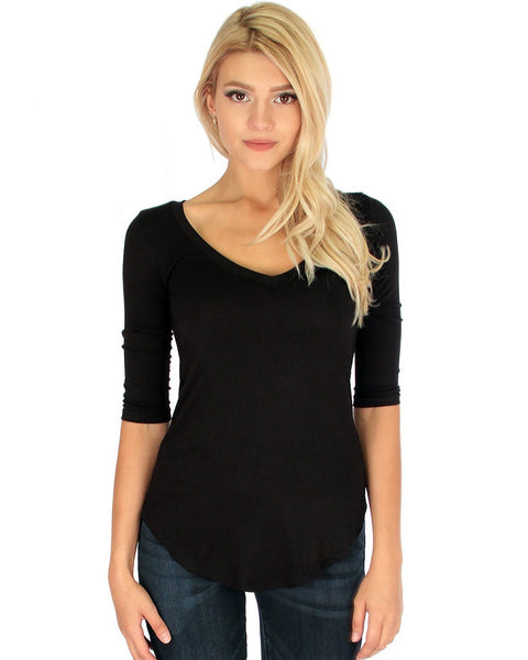 Truly Madly Deep-V Neck 3/4 Sleeve Black Tunic Top