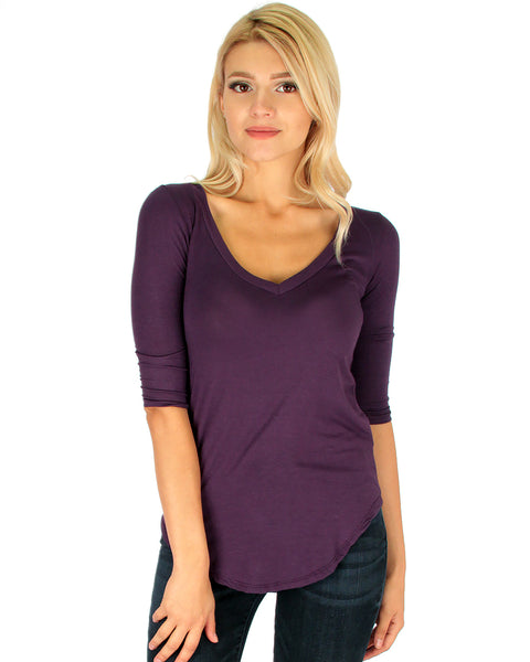 Truly Madly Deep-V Neck 3/4 Sleeve Purple Tunic Top