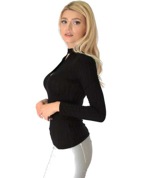 Glamorous Ribbed Black Long Sleeve Cut-Out Top