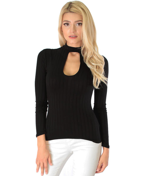 Glamorous Ribbed Black Long Sleeve Cut-Out Top