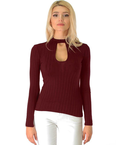 Glamorous Ribbed Burgundy Long Sleeve Cut-Out Top