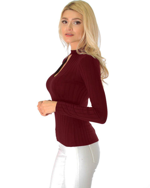 Glamorous Ribbed Burgundy Long Sleeve Cut-Out Top