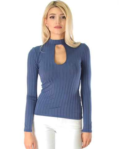 Glamorous Ribbed Blue Long Sleeve Cut-Out Top