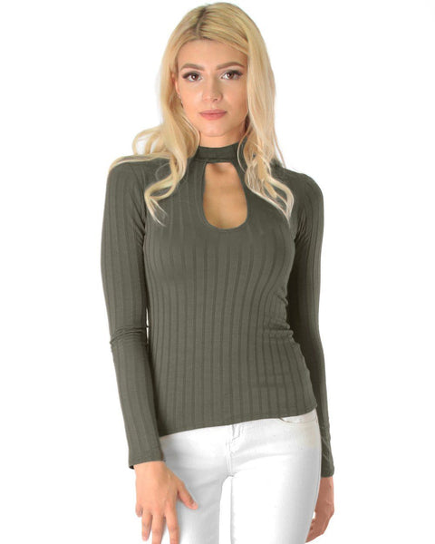 Glamorous Ribbed Brown Long Sleeve Cut-Out Top